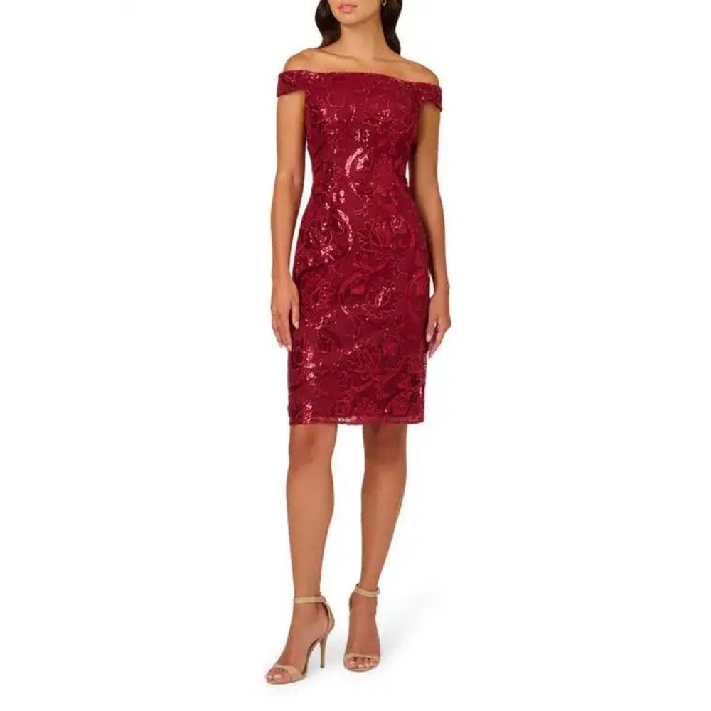 Papell Studio Garnet Red‎ Sequin Lace Off Shoulder Sheath Dress Size 12